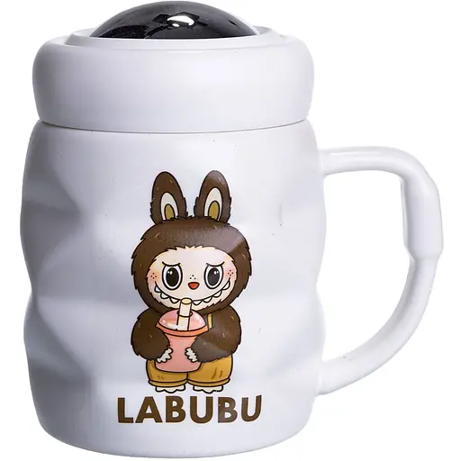 Чашка порцелянова Yiwu Labubu 400 мл з кришкою білий з темно-коричневим Yiwu FM-54C