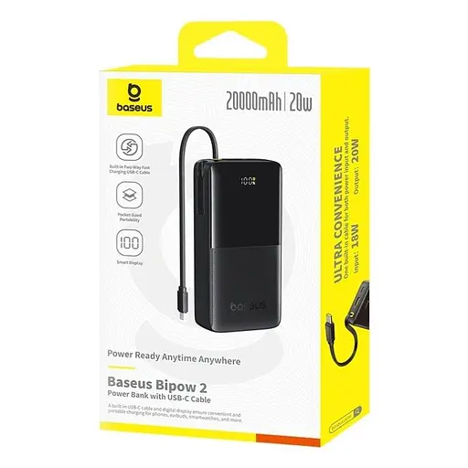 Внешний аккумулятор Baseus Bipow 2 20000 mAh 20 W со встроенным черным кабелем - фото 7