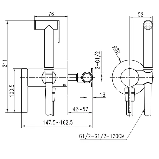 Змішувач гігієнічний TOPAZ MODERNO TMD-33106-H78A моноблок з душовим шлангом для ванної кімнати - фото 2