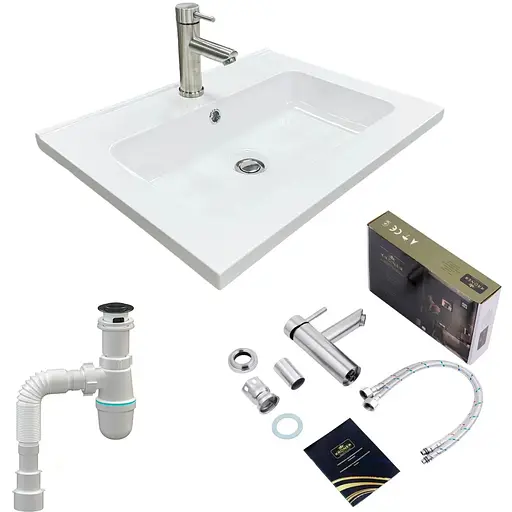 Набор для ванной комнаты Adamant раковина умывальник FLATE 60 искусственный камень прямоугольная с сифоном Click-Clack + смеситель - фото 1