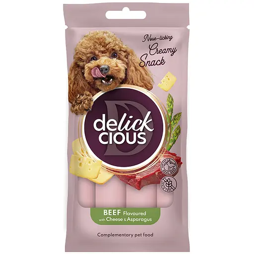 Ласощі кремові для собак Delickcious яловичина з додаванням сиру та спаржі 60 г (4х15 г)