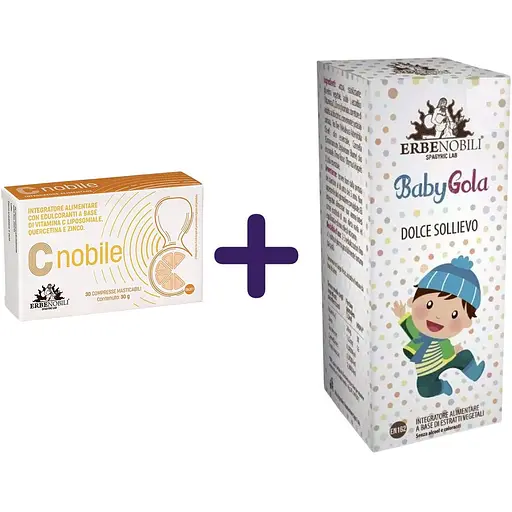 Набір: вітамін С Erbenobili C nobile для підвищення енергії та імунітету 30 таблеток + комплекс протизастудний, імуностимулюючий Erbenobili BabyGola для дітей 15 мл