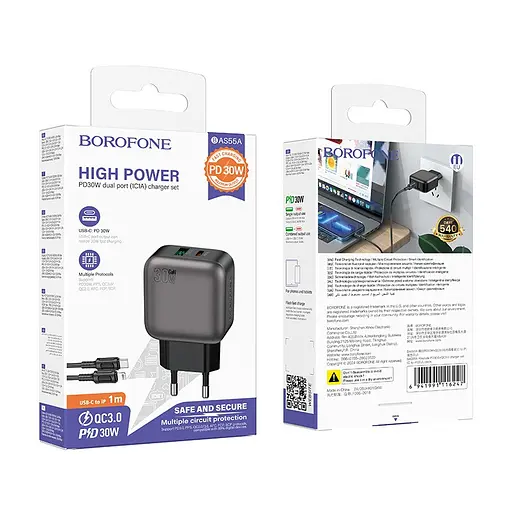 Мережевий зарядний пристрій з кабелем Borofone BAS55A Absolute PD30W+QC3. 0 charger set (C to iP) (EU) чорний - фото 2
