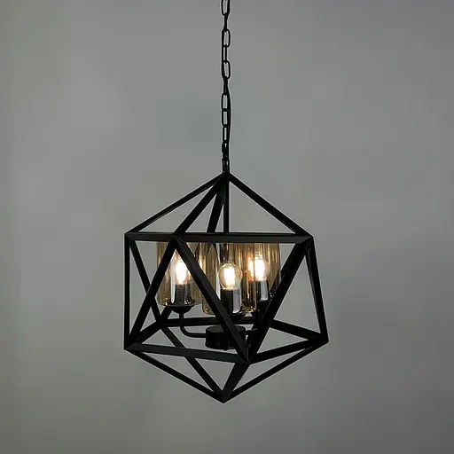 Люстра Лофт у чорному корпусі форми багатогранник із янтарними плафонами | Арт. 045/3 BK+AM | Line F - фото 3