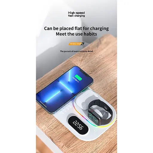 Зарядка Qi 4in1 wireless charger RGB/Clock XYJ A06 сумарно 30 W для Phone/Watch/Earphones - фото 9