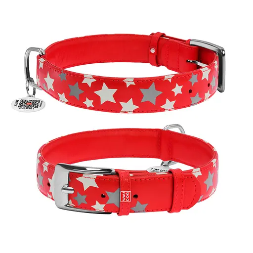 Ошейник для собак кожаный Waudog Glamour с QR-паспортом узор "Звездочка" светонакопительный/светоотражающий XL Ш 35