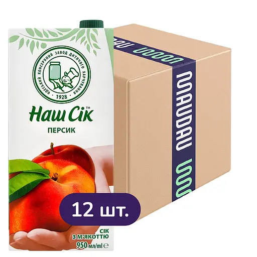 Упаковка сока Наш Сік Персиковый с мякотью 11.4 л (950 мл х 12 шт.) - фото 1