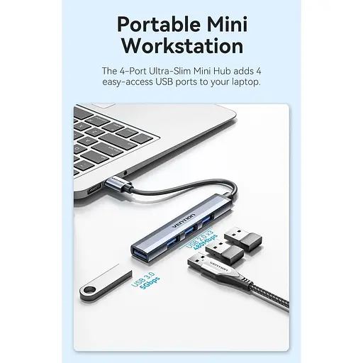 Хаб USB 3.0 - 1xUSB 3.0/3xUSB 2.0, 0,15 м, 5 Гбит/с, Grey Vention - фото 7