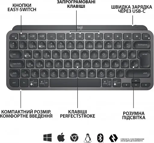 Клавіатура бездротова Logitech MX Keys Mini Wireless Illuminated Graphite (920-010498) - фото 5
