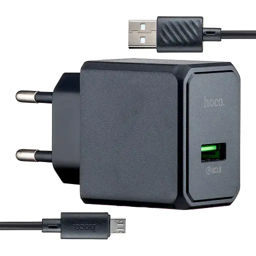 Сетевое зарядное устройство Hoco CS12A Ocean single port QC3.0 charger set (Micro) (EU) Черный - фото 1