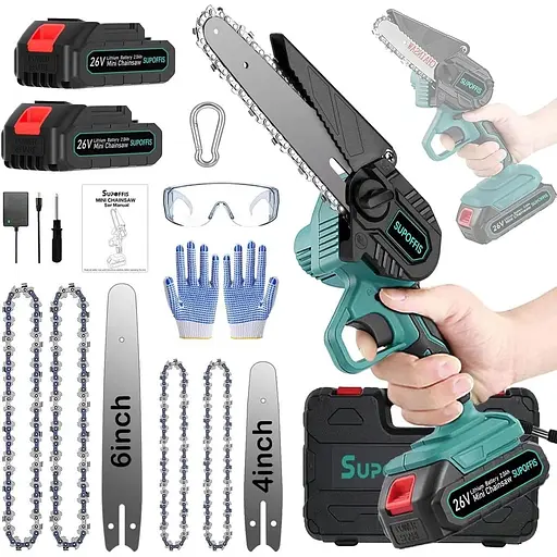 Міні ланцюгова пилка 6 дюймів 4 дюйми, акумулятор 2 x 2000 мАг, безщіткова міні-бензопила 26 В ручна одноручна