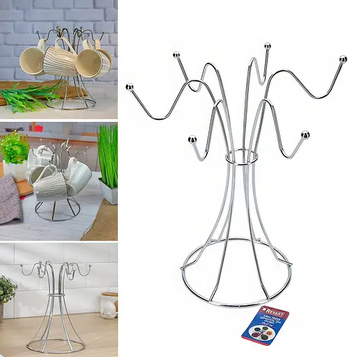 Стойка для чашек подставка сушилка для кружек на 6 крючков из нержавеющей стали H 25 cm, Kitchen Master Серебристый 85520 - фото 2