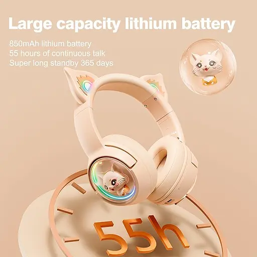 Навушники Onikuma Cat Ear Bluetooth Wireless Gaming Headset B5, BT5.3, AUX, 1000mAh, Type-C, 55H, RGB, ivory - фото 6