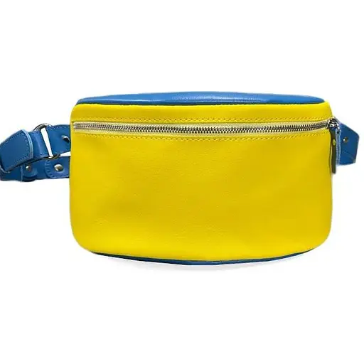 Кожаная поясная сумка в патриотических цветах сине-желтая. - фото 1