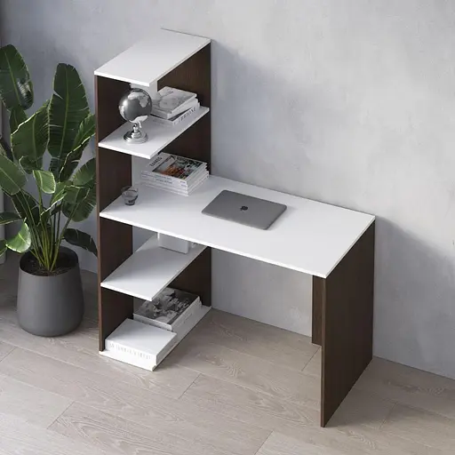 Комп’ютерний стіл Vays M-16 Венге Темний-Білий, письмовий з боковим стелажем зліва, ЛДСП, 120×60×148 см - для дому, навчання, офісу