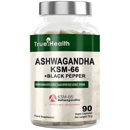 Ашваганда с черным перцем True Health Ashwagandha KSM-66 + Black Piperine, 90 вегакапсул для борьбы со стрессом