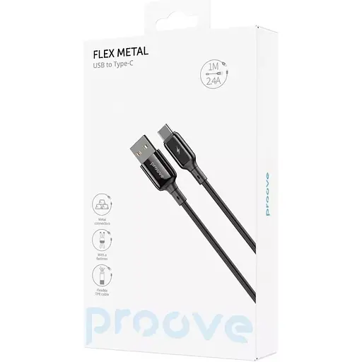 Кабель Proove Flex Metal USB-A to USB-C 2.4A 1m Black (CCFM20001201) [130338] - фото 2