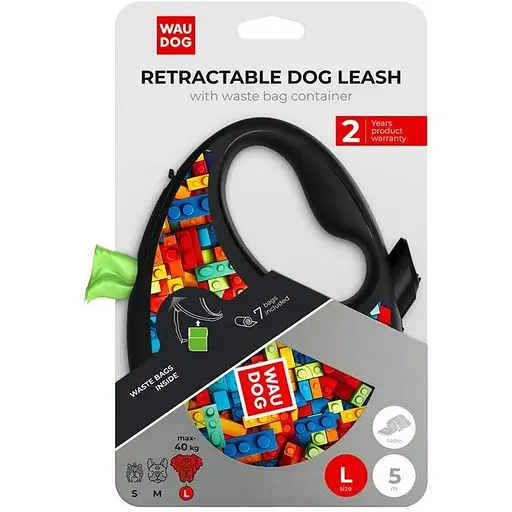Поводок-рулетка для собак Waudog R-leash с контейнером для пакетов, рисунок "Блоки", светоотражающая лента, L, до 40 кг, 5 м - фото 2