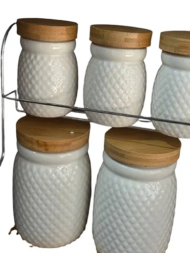 Набір банок для сипучих продуктів TS Kitchen HP-1215-8 кераміка бамбук на підставці 8 предметів Білий - фото 4