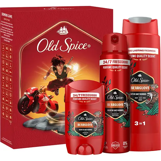 Подарунковий набір Old Spice Anime Bearglove: аерозольний дезодорант 150 мл + дезодорант-стік 50 мл + гель для душу 3-в-1, 250 мл + гра Доміно