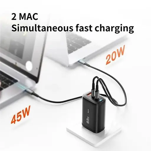 Зарядний адаптер блок живлення Essager 65 W 3 порти 1usb + 2usb-c чорний - фото 3