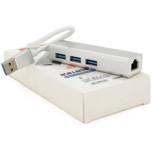 Контролер USB 3.0 до Ethernet VEGGIEG U3-3U-S - Сетевой адаптер 10 / 100Mbps з проводом RTL-8152B + FE2.2S + 3 порта USB3.0, White, Metal, Blister-Box