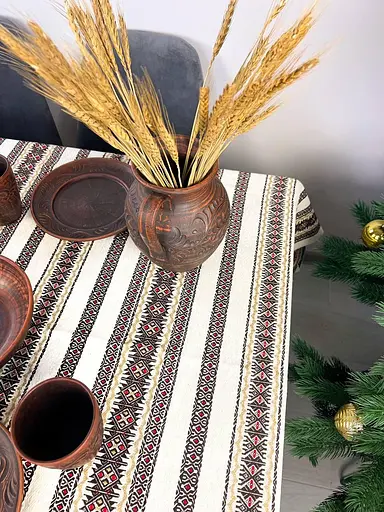 Лляна різдвяна скатертина з українським орнаментом Святогір червоний 310х150 см - фото 3