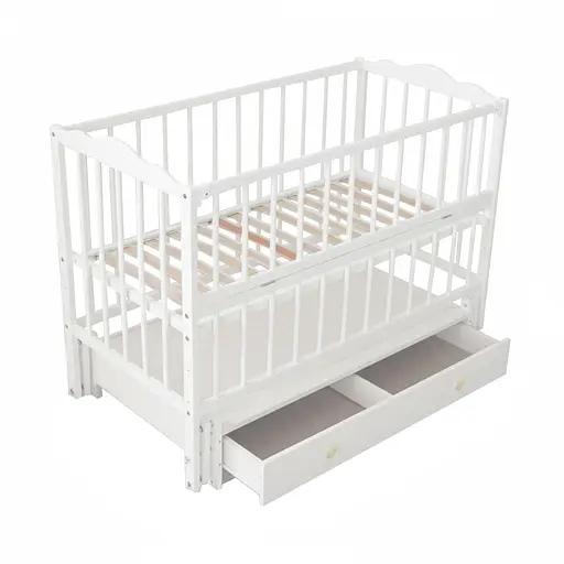 Детская кроватка Ангелина с откидной боковиной, шарнир-подшипником и ящиком бук белый