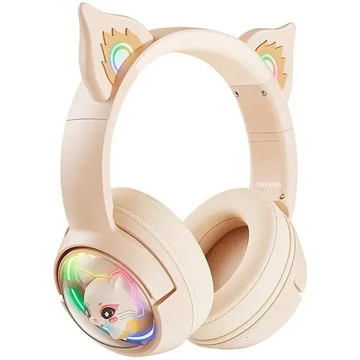 Навушники Onikuma Cat Ear Bluetooth Wireless Gaming Headset B5, BT5.3, AUX, 1000mAh, Type-C, 55H, RGB, ivory