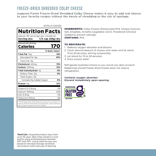 Тертий сир колбі з великим терміном придатності 30 років Augason Farms, сублімований, 30 порцій (101228) - фото 3