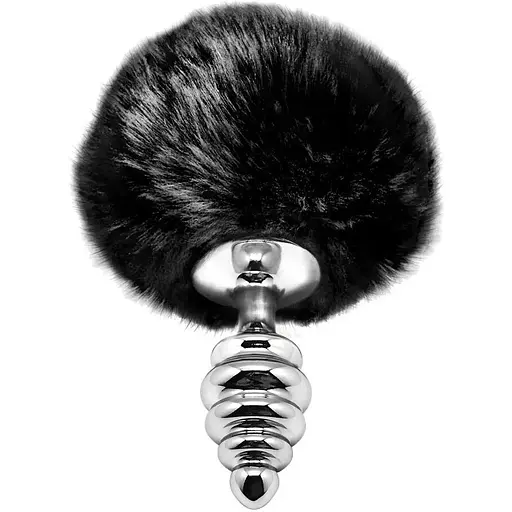 Металева анальна пробка Alive Fluffy Twist Plug S Кролячий хвостик Black, діаметр 2,9 см