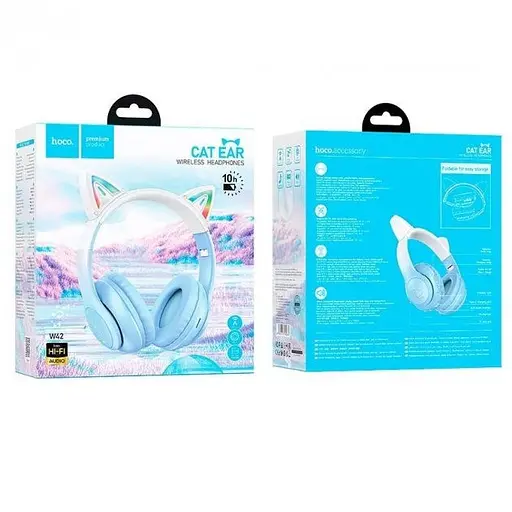 Бездротові Bluetooth навушники Hoco Cat ears W42 з вушками та підсвіткою синій - фото 7