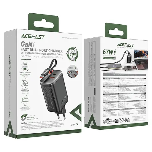 МЗП Acefast A111 GaN With Retractable Cable Type-C PD67W (1USB-A/1C) Black - фото 6