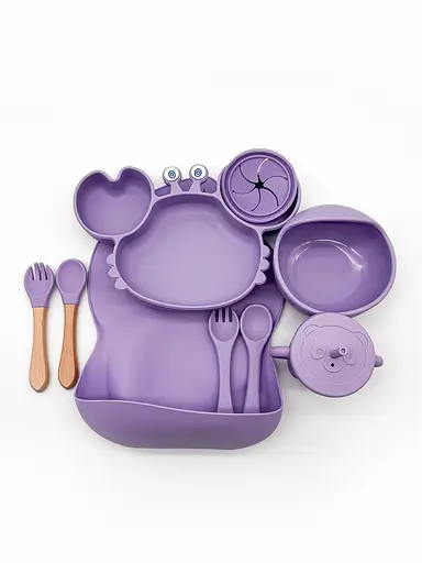 Набір дитячого силіконового посуду для першого прикорму на присосках 9 предметів Краб Purple (18976) - фото 3
