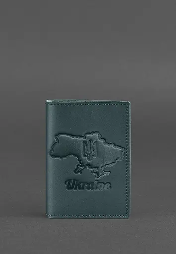 Кожаная обложка для паспорта с картой Украины зеленый краст - фото 2
