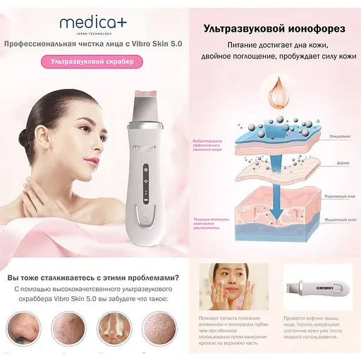 Ультразвуковий скрабер для обличчя Medica+ Vibroskin 5.0 + інструменти для чищення обличчя Easyclean - фото 4