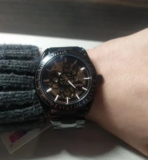 Чоловічий механічний годинник Skmei 9194 скелетон (Чорний) - фото 7