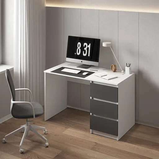 Компьютерный стол Vays, письменный, современный, с тумбой cправа, 3 ящика з фасадами без ручек R-1 Белый-Антрацит фасад