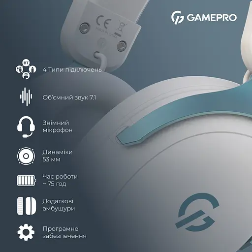 Навушники GamePro Asgard Freya Pro Wireless White/Blue (HSW201WB) - фото 12