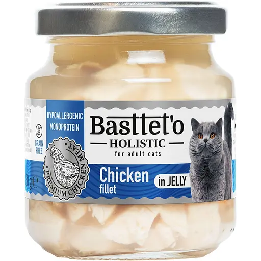 Вологий корм для котів Basttet'o Holistic шматочки філе курки в желе 130 г  - фото 1
