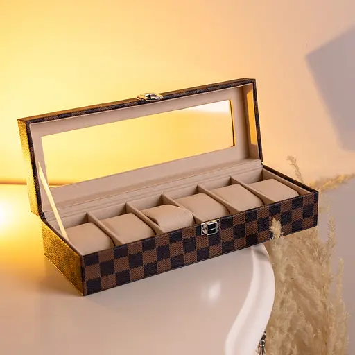 Скринька для годинника з екошкіри 6 відсіків 31×11×7.5 см кейс органайзер для наручного годинника Коричневий Yiwu HP-5-14S - фото 2