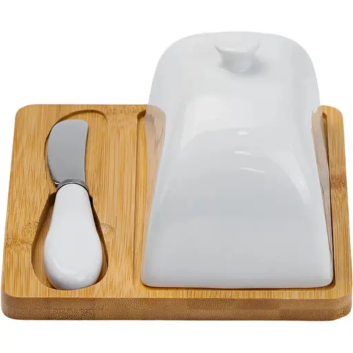 Масленка Yiwu фарфоровая 15х15х9 см с ножом и бамбуковой подставкой HP1255 - фото 6