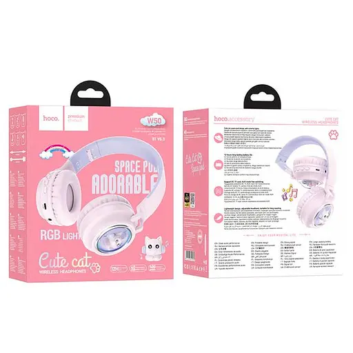 Бездротові навушники Hoco W50 Cute fun BT headphones, BT5.3, AUX, TF, 400mAh, 12h, pink - фото 3