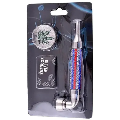 Гриндер для измельчения табака + трубка HL-YD-780 Silver Blue Red (10914)