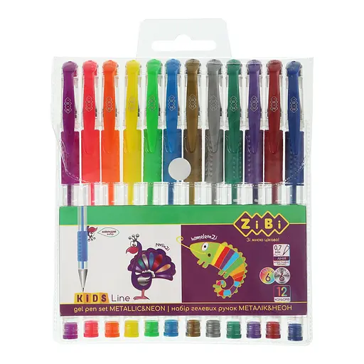 Набір з 12-ти гелевих ручок Neon+Metallic, в пластиковому пеналі ZB.2205-99 KIDS Line ZiBi, 12 кольорів (4823078902245) - фото 1