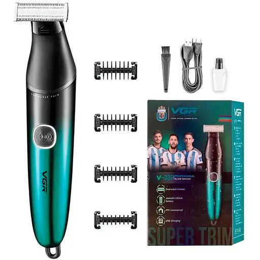 Бритва триммер для стрижки бороды и усов VGR V-339 для окантовки контурной стрижки 4 насадки IPX7 Зеленый 5 Вт - фото 1