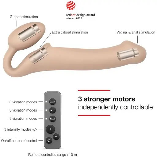 Безремневий страпон Strap-On-Me Vibrating Flesh M регульований з вібрацією та з пультом ДК діаметр 3.3 см - фото 2