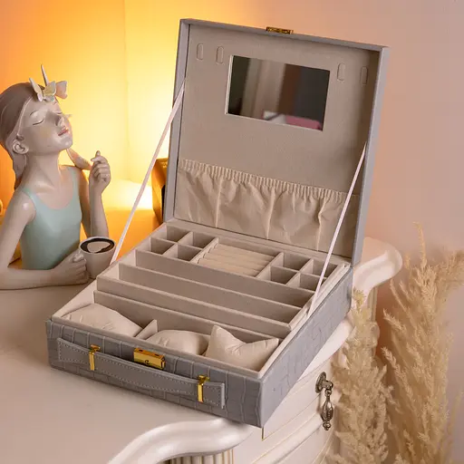 Скринька для прикрас бежева 2 яруси екошкіра 26×26×9 см органайзер для зберігання ювелірних виробів Сірий Yiwu HP-5-35G - фото 9