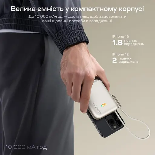 Повербанк 10000mAh Choetech B735 White QC3.0 PD3.0 бездротова магнітна зарядка, вбудований кабель, підставка (43-00150) - фото 10