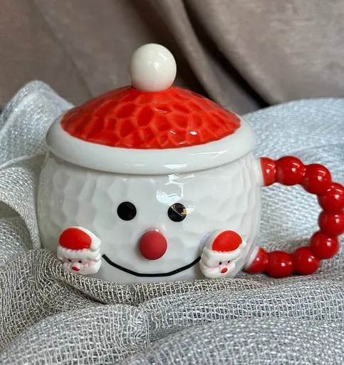 Чашка новорічна Snowman 32285 порцелянова з кришкою та ложкою 380 мл Біла з червоним - фото 5